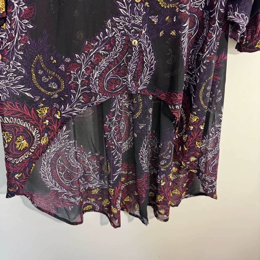 Melanie Lyne Puff Sleeve Blouse 4 Dark Paisley Floral Longline Button Up Shirt - Picture 5 of 11